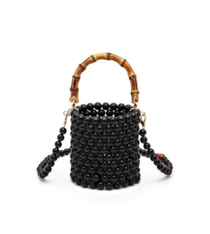 Bamboo Top Handle Beaded Bucket Clutch Bag