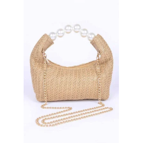Pearl Handle Faux Straw Fashion Clutch