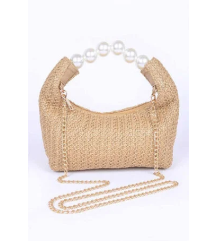 Pearl Handle Faux Straw Fashion Clutch