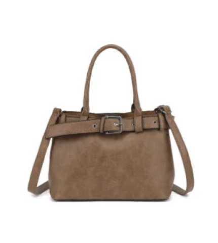 Belted Triple Compartment Satchel with Detachable Crossbody Strap